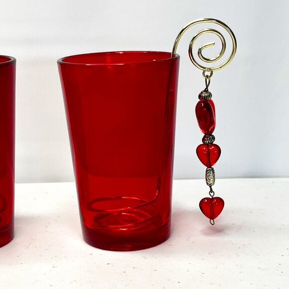 Pair Red Glass Luminary Votive Candle Holder Decorative Hearts Golden Wire Roman - Picture 5 of 17